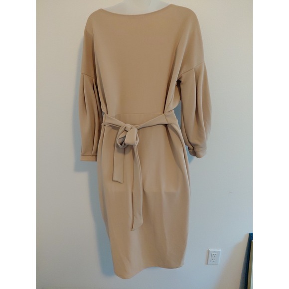 Boohoo Midi Dress Womens 14 Beige Deep V Tie Back 3/4 Slouch Sleeve Modern Chic - Picture 6 of 7